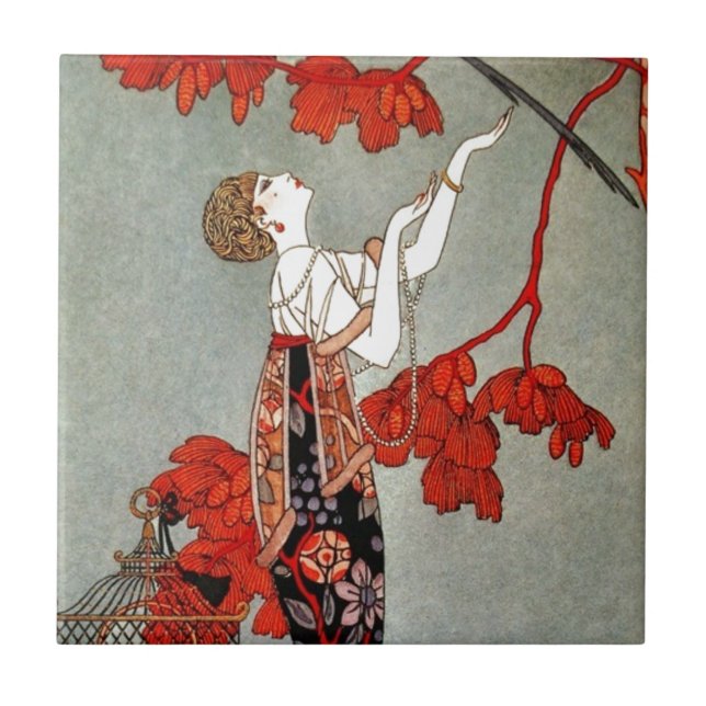 Azulejo Diseño rojo de la señora art déco (Frente)