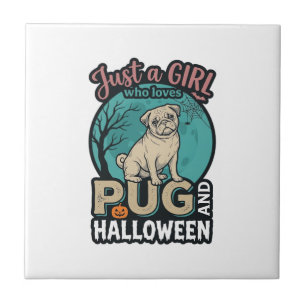 Azulejo Diseño vectorial vintage de niña pug Halloween_1