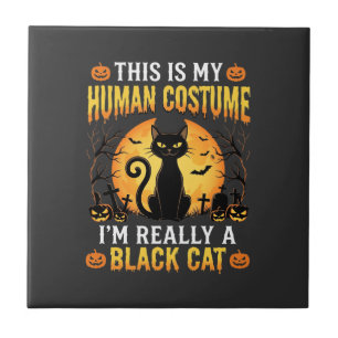 Azulejo Disfraz Humano de Halloween Gato Negro Cementerio