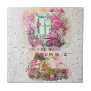 Azulejo Disfruta Del Paseo   Bicicleta acuarela con flores