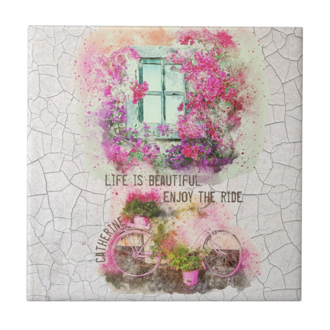 Azulejo Disfruta Del Paseo | Bicicleta acuarela con flores (Frente)