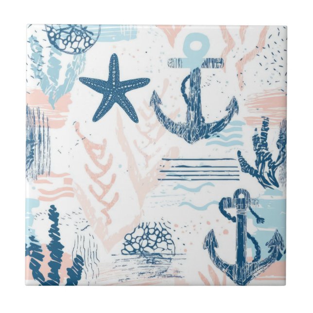 Azulejo Distressed Nautical Anchor Starfish Blue Coastal (Frente)