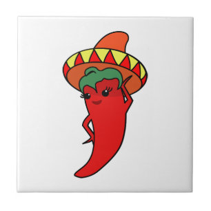 Azulejo Diva Kawaii Pimienta Roja Caliente Sombrero Mexica