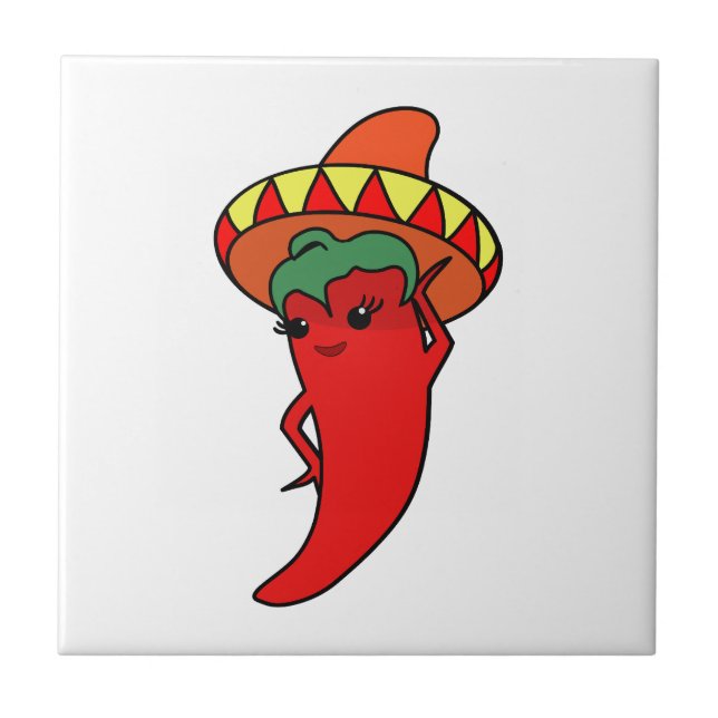 Azulejo Diva Kawaii Pimienta Roja Caliente Sombrero Mexica (Frente)