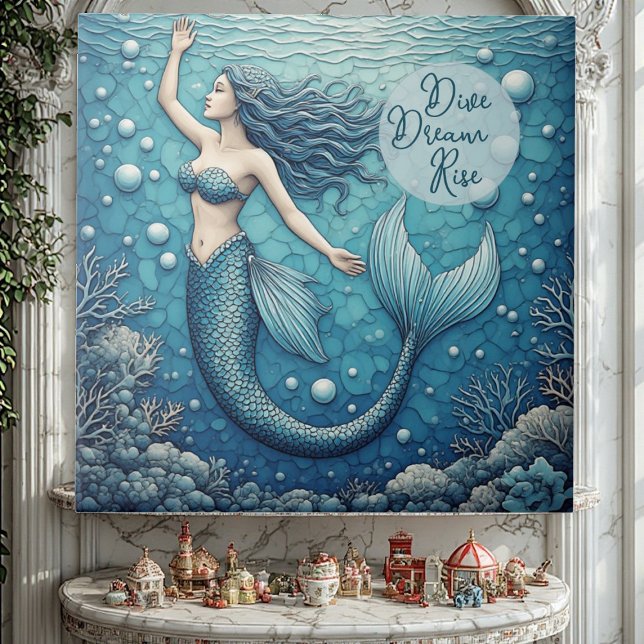 Azulejo Dive Dream Rise Ocean Mermaid Swimmer Empowerment  (Dive Dream Rise Ocean Mermaid Swimmer Empowerment Ceramic Tile)
