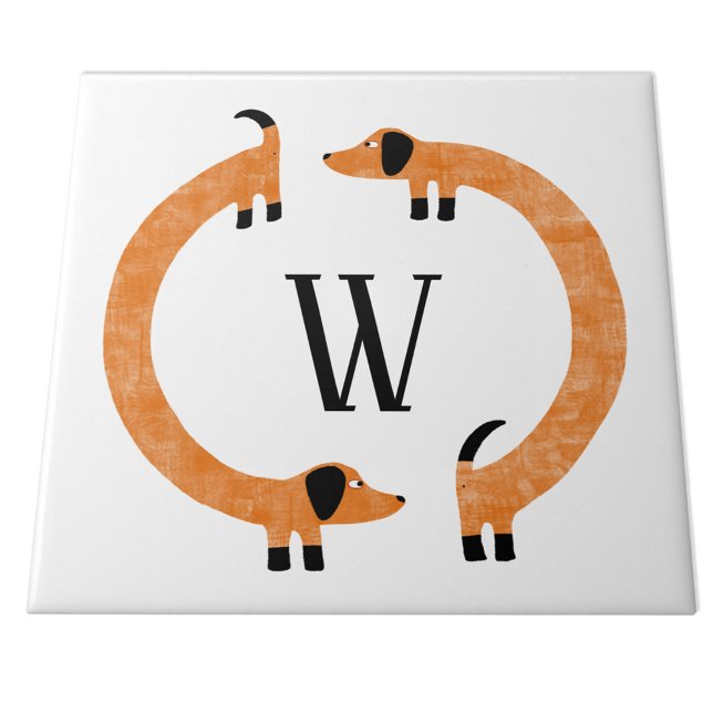 Azulejo Divertido Monograma de perros Dachshund Sausage (Funny Dachshund Wiener or Sausage Dog monogram ceramic tile)