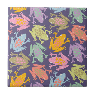 Azulejo Divertido patrón de ranas tropicales de arte pop.