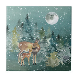 Azulejo Doe Fawn Deer Forest Full Moon Snowfall Watercolor