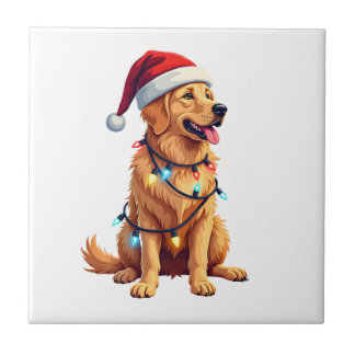 Azulejo Dog Golden Retriever Santa Christmas Xmas Lights (