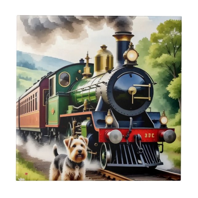 Azulejo Dog Greeting steam train (Frente)