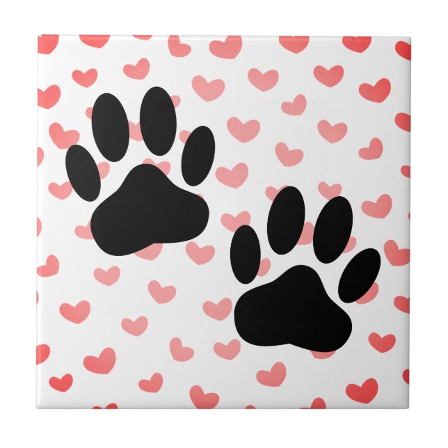 Azulejo Dog Paw imprime Red Hearts Tile (Frente)
