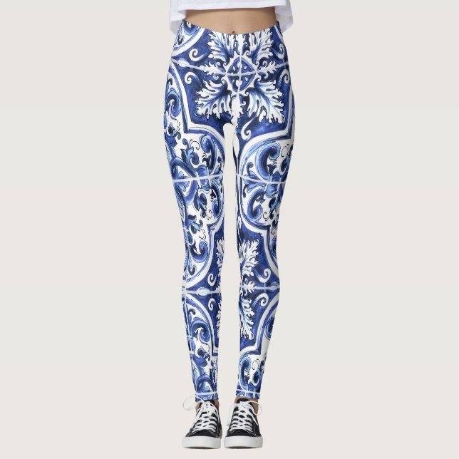 Azulejo Dolce Tile Pattern Leggings Blue Ceramic (Anverso)
