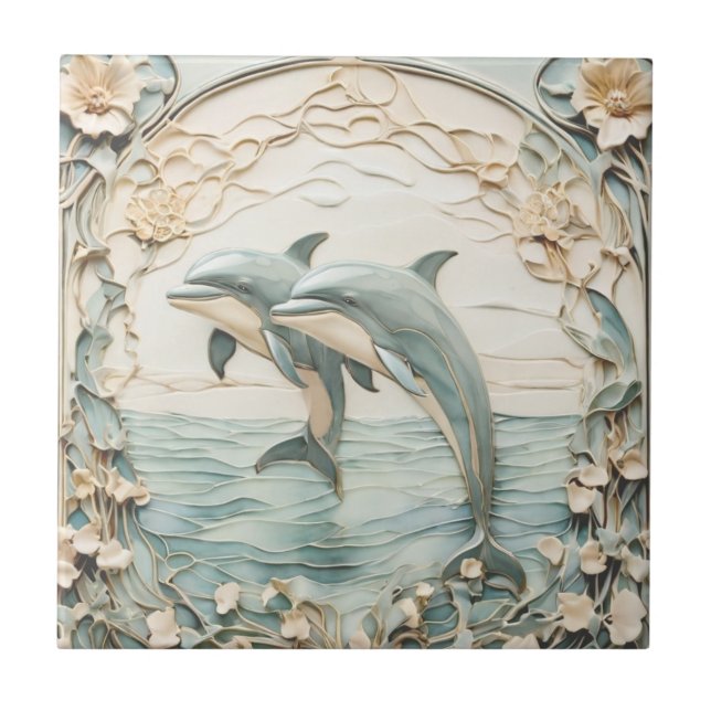 Azulejo Dolphin Couple Art Nouveau Faux Relief 2 delfines (Frente)