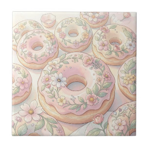 Azulejo Donas rosadas florales ilustración pastel