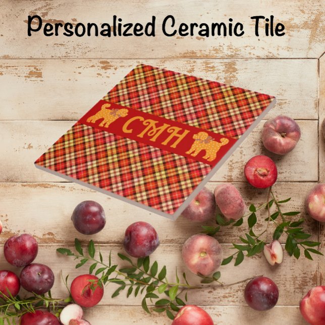 Azulejo Doodle dorado dorado perro personalizado (Personalized ceramic tile in 2 sizes.)