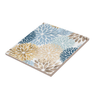 Azulejo Dorado azul moderno Dahlia Floral