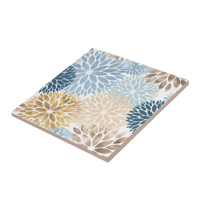 Azulejo Dorado azul moderno Dahlia Floral (Lado)