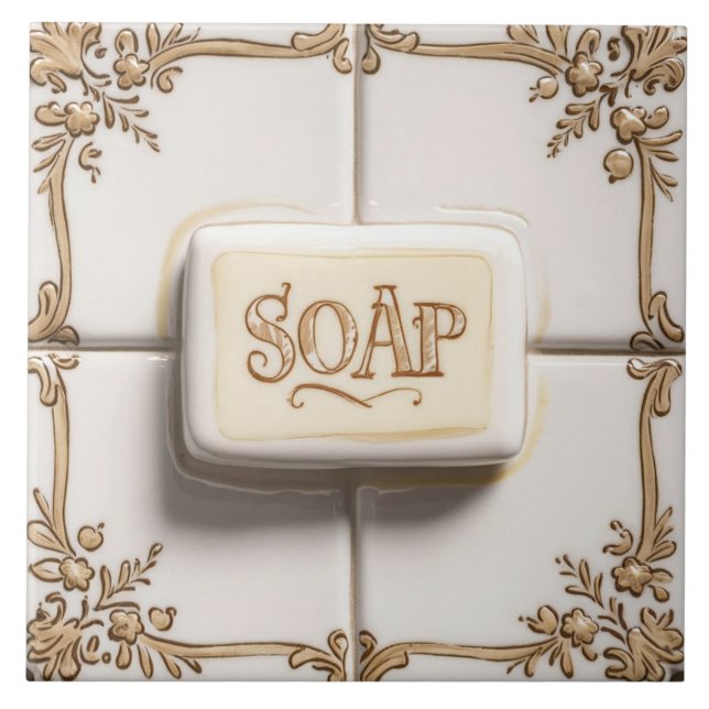Azulejo Dorado marrón y blanco bar de jabón divertido baño (Frente)