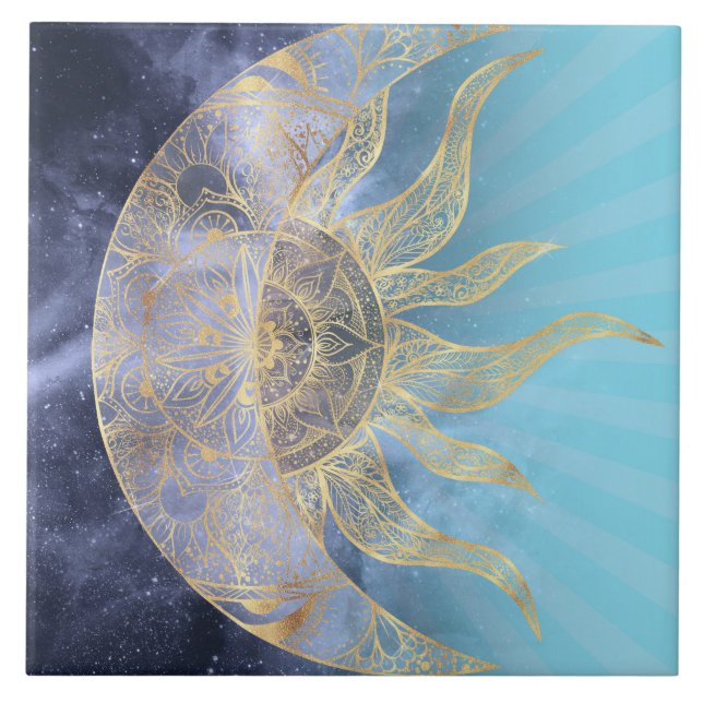 Azulejo Dorado Moon Sun Mandala Diseño Celeste (Frente)