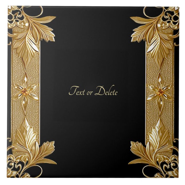 Azulejo Dorado Negro Ornate Floral Cerámica Tile (Frente)