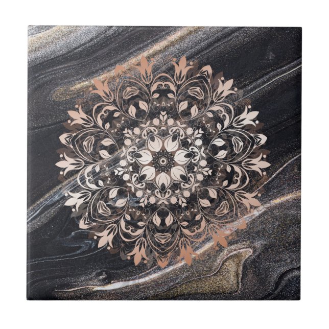 Azulejo Dorado Rosa Black Marble Floral Mandala  (Frente)