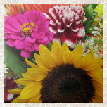 Azulejo Dorado Sunflower Rosa Dahlia y la zinnia morada<br><div class="desc">Esta cerámica cuenta con un hermoso y brillante ramo de flores de verano,  con girasol amarillo,  zinnia rosa,  dahlias y más. Hace un buen regalo para las amas de casa o para las damas de honor.</div>