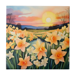 Azulejo Dorados Daffodils Al Atardecer En Una Tranquila Pa