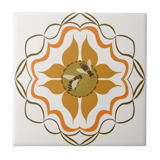 Azulejo Dos Abejas De Miel Sentadas En Flor Amarilla (Frente)
