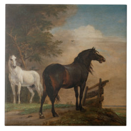 Azulejo Dos caballos en un prado cerca de una puerta (Paul