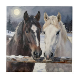 Azulejo Dos caballos en una granja nevada bajo la luna