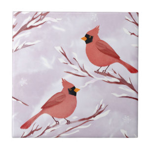 Azulejo Dos cardenales rojos   Pintura de acuarela
