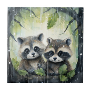 Azulejo Dos crías de mapache bajo la lluvia