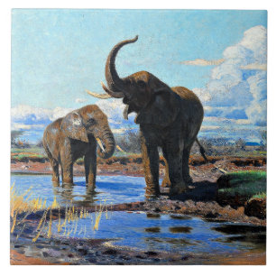 Azulejo Dos elefantes africanos en abrevadero