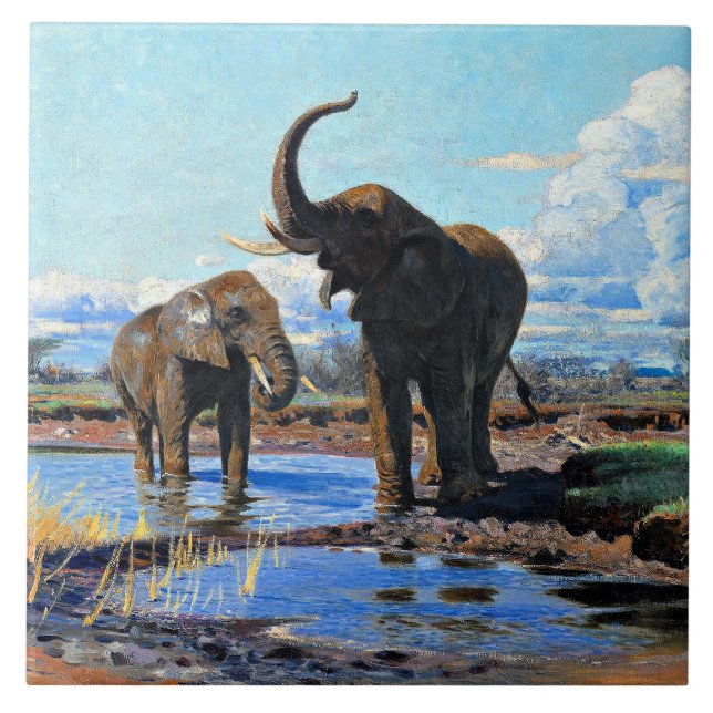 Azulejo Dos elefantes africanos en abrevadero (Frente)