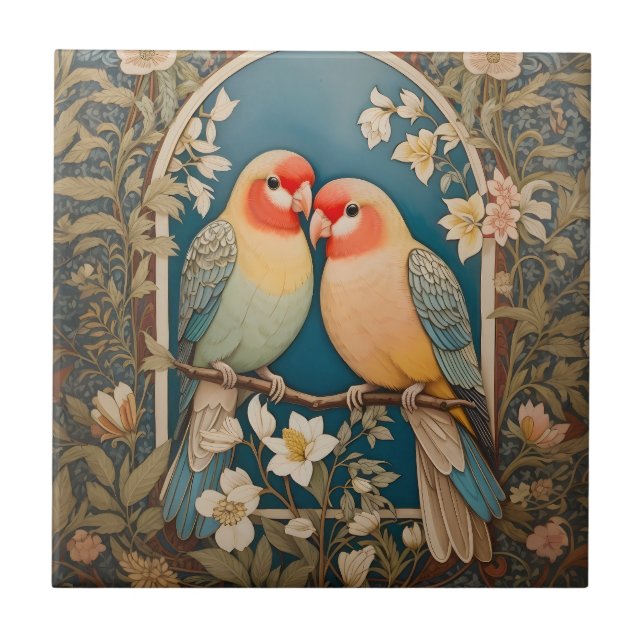 Azulejo Dos elegantes Lovebirds Vintage Floral (Frente)