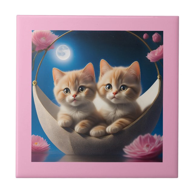 Azulejo Dos Gatitos Jóvenes En Una Cesta Con Rosas Rosa (Frente)