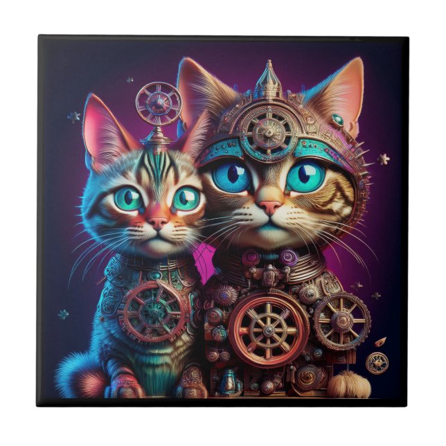 Azulejo Dos gatitos steampunk posan (Frente)