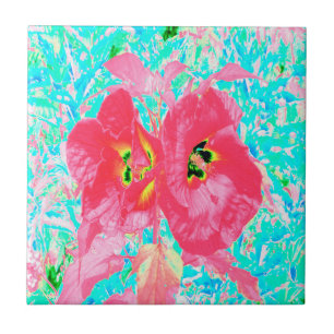 Azulejo Dos Hibiscus Locos de Ciruela Coral Rojo Rosado so