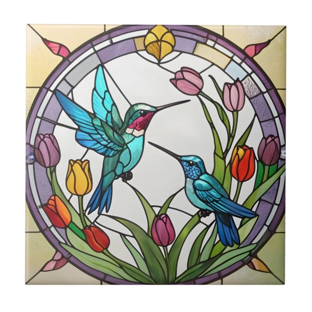 Azulejo Dos Hummingbirds & Tulip Flower Faux Stained Glass (Frente)