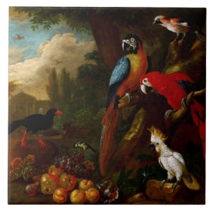Azulejo Dos Macaws un Cockatoo y un Jay con Fruit