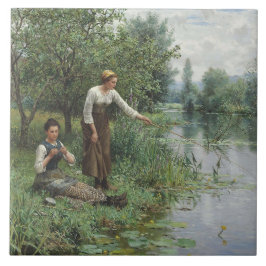 Azulejo Dos mujeres pescando en la hierba junto al río