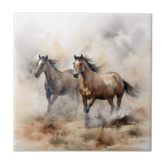 Azulejo “Dos Mustangs Salvajes” Acolorada Occidental Polvo