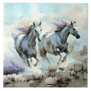 Azulejo Dos Mustangs Salvajes Corren Contra el Viento