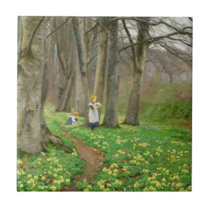 Azulejo Dos niñas recogiendo flores en un bosque primavera