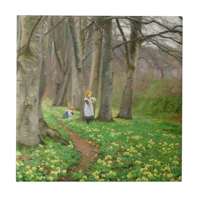 Azulejo Dos niñas recogiendo flores en un bosque primavera (Frente)