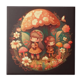 Azulejo Dos niñitas bajo la decoración marrón hongo