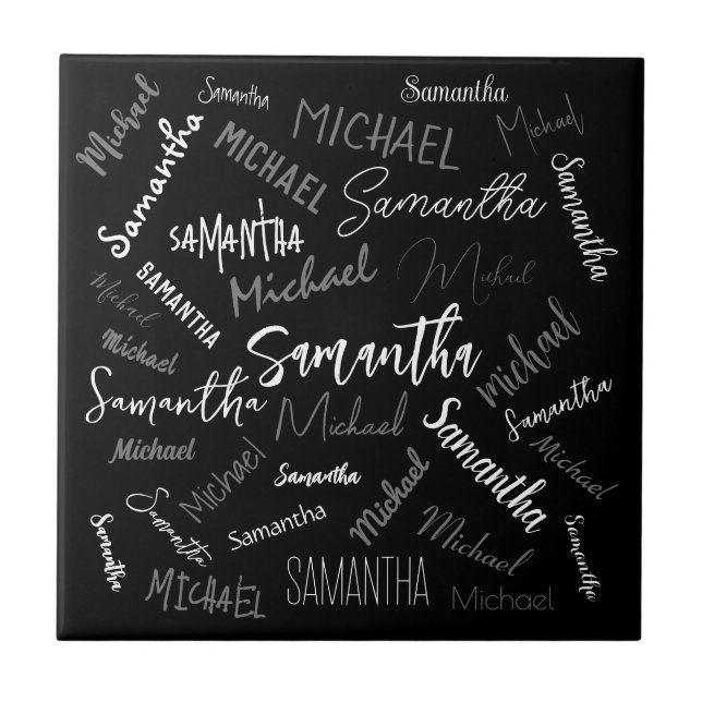 Azulejo Dos nombres pareja patrón monograma blanco negro (Frente)