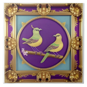 Azulejo Dos pájaros en marco de oro ornamentado