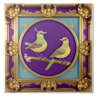 Azulejo Dos pájaros en marco de oro ornamentado