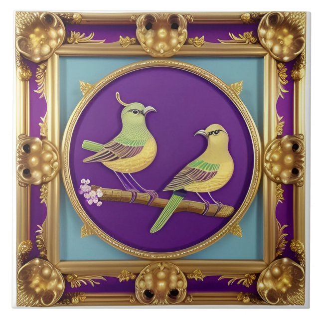 Azulejo Dos pájaros en marco de oro ornamentado (Frente)